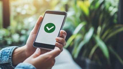 Poster - Checkmark on smartphone screen. Green confirmation notification of success finish app update or purchase payment tick on mobile phone holding in hand. Check mark sign vector flat illustration