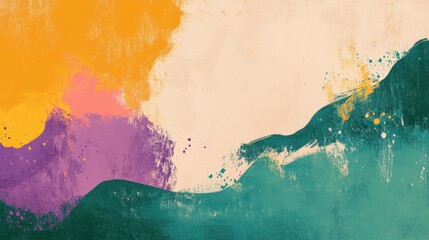 Poster - Vibrant brushstrokes blending orange, purple, teal hues into textured abstract painting background with dynamic color splatters