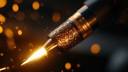 Poster - A close-up shot of a stylized pen tip, emitting a bright light resembling a flame, with golden accents and intricate patterns against a dark background with bokeh lights