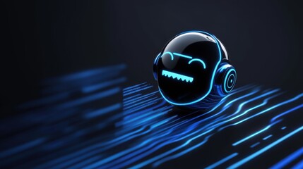 Poster - A futuristic, stylized robot head with a glowing blue outline and a friendly, minimalist face floats against a dark background with abstract blue light trails