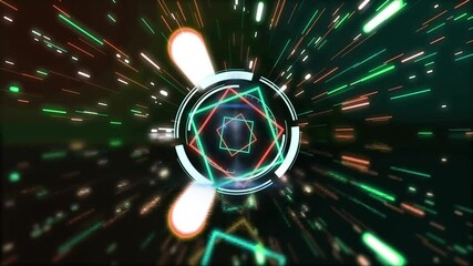 Poster - Geometric shapes and light trails creating dynamic digital animation effect