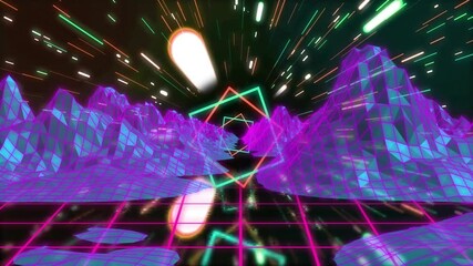 Poster - Glowing geometric shapes with dynamic light streaks in neon grid animation