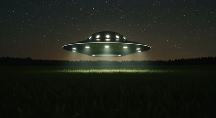 unidentified flying object hovering over field at night. extraterrestrial spacecraft hovering with b