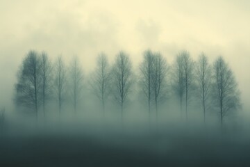 Naklejka na meble A serene landscape features tall, bare trees emerging from a thick layer of fog during a quiet morning. The scene evokes a sense of calmness and mystery Generative AI