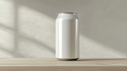 Poster - Sunlight illuminating white aluminum beverage can resting on rustic wooden surface, embodying minimalist design and clean product photography style