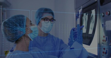 Poster - Analyzing patient data with heartbeat animation, medical professionals working together