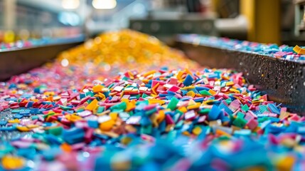 Poster - Brightly colored chunks of material are scattered across a conveyor belt in a busy production facility, showcasing a variety of bold hues under artificial lighting.