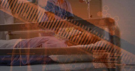 Poster - In hospital, healthcare professionals attending patient with DNA data animation overlay