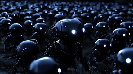 Poster - Swarm of Futuristic Robots with Glowing Eyes in Dark Setting