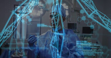 Poster - Surgeon in operating room with DNA and data processing animation overlay