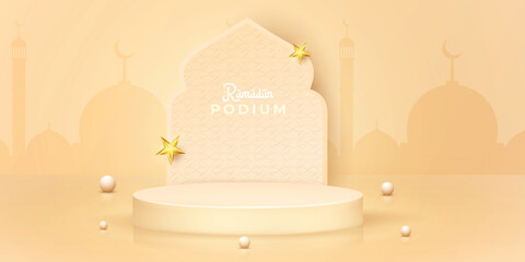 Poster - Ramadan kareem mubarack holiday product showcase design vector. Eid Al Adha product mockup design template. 3D cylinder light brown color podium design art with mosque. Islamic background vector. 