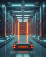 Poster - Futuristic Server Room with Neon Lights and Advanced Technology