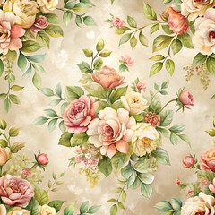 A vintage floral pattern with delicate roses on a beige background.