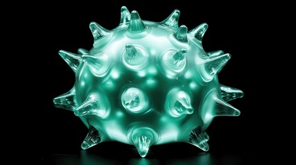 Poster - Glowing Green Virus Model with Spikes on Black Background
