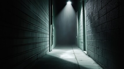 Poster - A dark alleyway lit by a single, faint light, casting long shadows and creating a sense of intrigue.