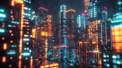 Poster - Vibrant Neon Cityscape at Night with Rain and Futuristic Lights