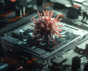 Poster - Viral Cell on Circuit Board Representing Technology and Biology Fusion