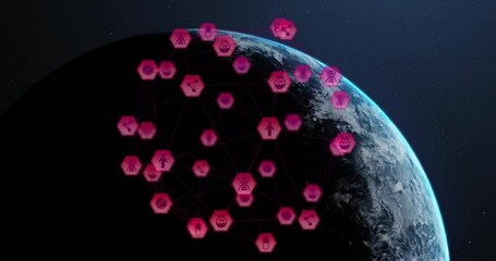 Poster - Animation showing pink hexagonal icons forming network over Earth's surface in space