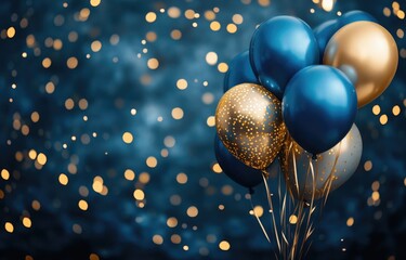Poster - Blue and gold balloons with confetti on a dark blue background. Festive and celebratory image