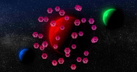 Poster - Animation of hexagonal icons orbiting red planet in space with celestial bodies