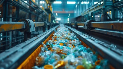 Aufkleber - Plastic bottles and containers are flowing along a conveyor belt in a waste processing facility. The environment is bright and industrial, emphasizing recycling efforts.
