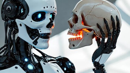 Poster - Robot examines human skull in futuristic setting with a focus on AI technology and human connection, Camera orbiting around Robot holding human skull, AI dominance, digital life vs humankind, 3d