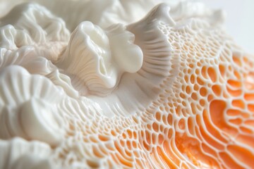 Poster - This closeup photo showcases a detailed view of a white and orange object highlighting its intricate features Detailed image of the texture on a seashell.