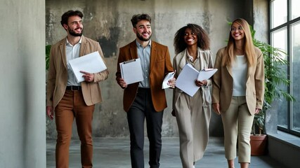 Poster - business team holds documents while walking through modern office space in daylight, business team w