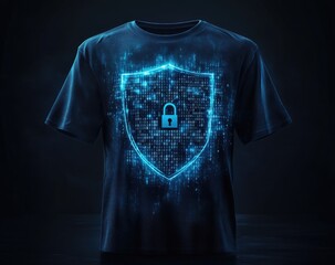 Poster - Blue glowing t-shirt with digital shield and lock graphic on dark background.  Cybersecurity concept