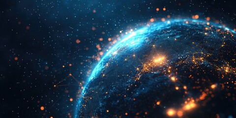 Poster - Abstract glowing earth with blue and orange particles, dark space background. Digital art depicting global network connection