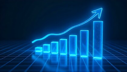 Aufkleber - A digital art image shows a bar graph with an upward-pointing arrow, all rendered in a glowing blue hue against a dark background