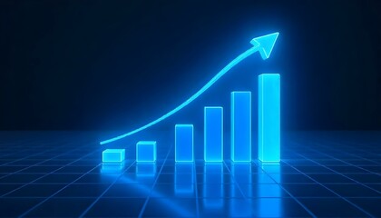 Aufkleber - A digital art image shows a bar graph with an upward-pointing arrow, all rendered in a glowing blue hue against a dark background