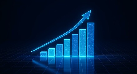Aufkleber - A digital art image shows a bar graph with an upward-pointing arrow, all rendered in a glowing blue hue against a dark background