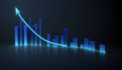 Aufkleber - A digital art image shows a bar graph with an upward-pointing arrow, all rendered in a glowing blue hue against a dark background
