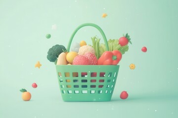 Aufkleber - Fresh fruits and vegetables in a green shopping basket create a vibrant display against a soft pastel background