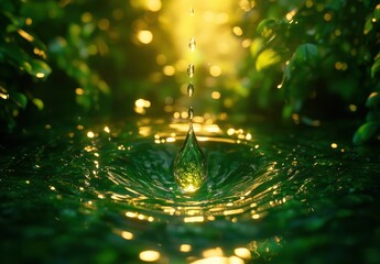 Poster - Glimmering Water Drop Creating Ripples on a Serene Green Surface with Soft Golden Light in the Background
