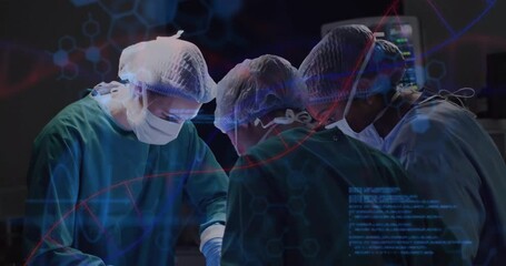 Poster - Surgeons performing operation with DNA strand and data processing animation overlay
