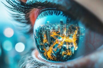 Poster - This closeup photo showcases the detailed reflection of a bustling cityscape in the iris of a persons eye Foreground of a human eye with digital interface reflections .