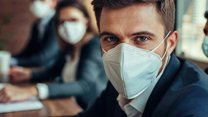 Poster - business team wearing masks during important meeting in modern office setting, business team using p