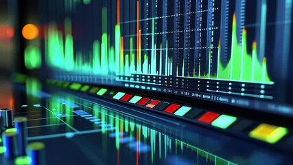 Poster - Animated audio spectrum equalizer displaying vibrant frequencies and dynamic sound levels at a digital studio, nimated audio spectrum / equalizer in action