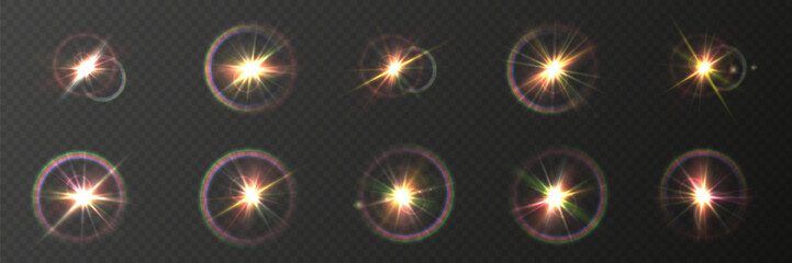 Wall Mural - a collection of sun stars with radiant light rays and sparkling glow effects. vector illustration fe