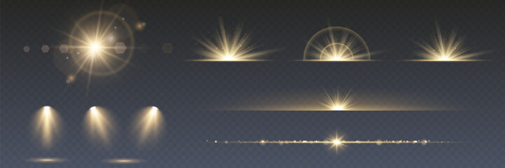 Wall Mural - a collection of sun stars with radiant light rays and sparkling glow effects. vector illustration fe