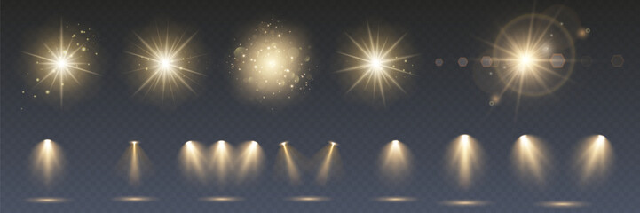 Wall Mural - a collection of sun stars with radiant light rays and sparkling glow effects. vector illustration fe