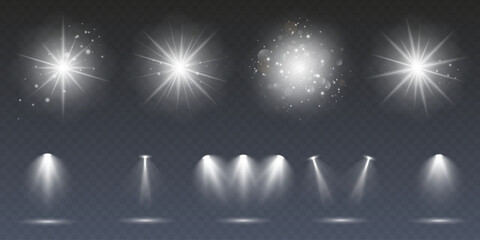 Wall Mural - a collection of sun stars with radiant light rays and sparkling glow effects. vector illustration fe