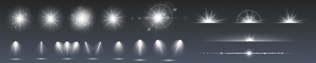 Wall Mural - a collection of sun stars with radiant light rays and sparkling glow effects. vector illustration fe
