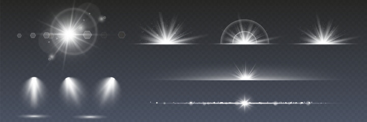 Wall Mural - a collection of sun stars with radiant light rays and sparkling glow effects. vector illustration fe