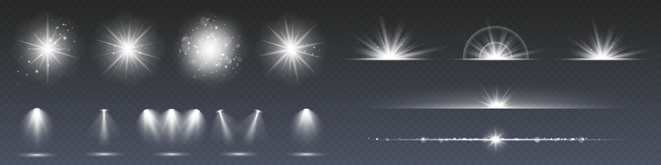 Wall Mural - a collection of sun stars with radiant light rays and sparkling glow effects. vector illustration fe