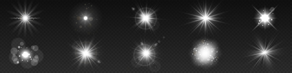 Wall Mural - a collection of sun stars with radiant light rays and sparkling glow effects. vector illustration fe