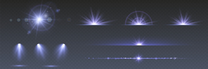Wall Mural - a collection of sun stars with radiant light rays and sparkling glow effects. vector illustration fe