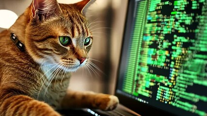 Poster - Cat engaged in intense hacking on a laptop late at night with glowing code on the screen, cat becomes a hacker